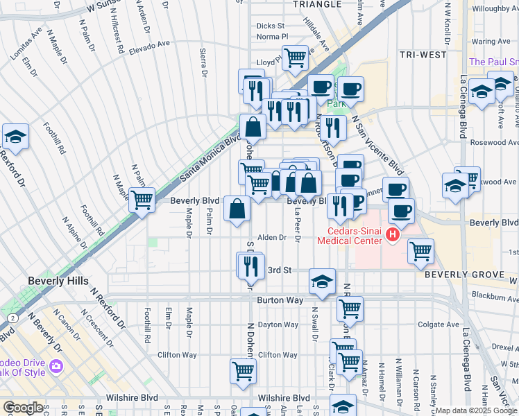 map of restaurants, bars, coffee shops, grocery stores, and more near in Beverly Hills