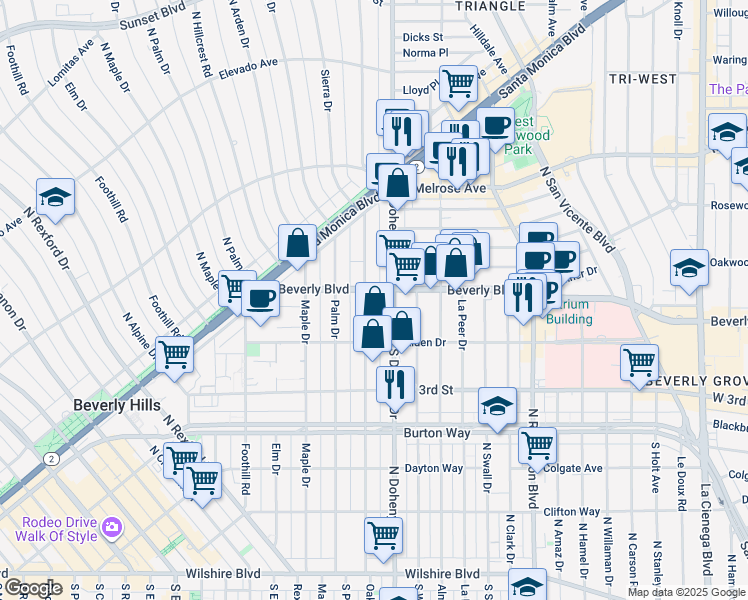 map of restaurants, bars, coffee shops, grocery stores, and more near 9134 Beverly Boulevard in Beverly Hills
