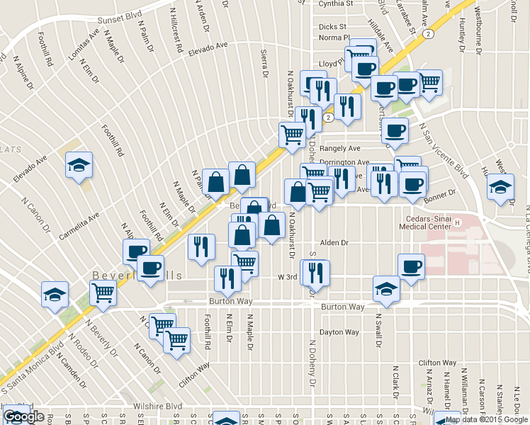 map of restaurants, bars, coffee shops, grocery stores, and more near 420 North Palm Drive in Beverly Hills