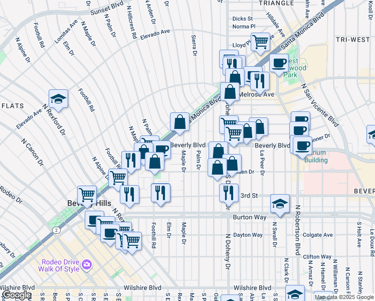 map of restaurants, bars, coffee shops, grocery stores, and more near 9232 Beverly Boulevard in Beverly Hills