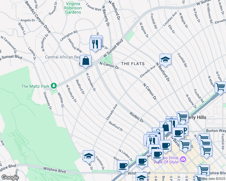 map of restaurants, bars, coffee shops, grocery stores, and more near 718 North Rodeo Drive in Beverly Hills