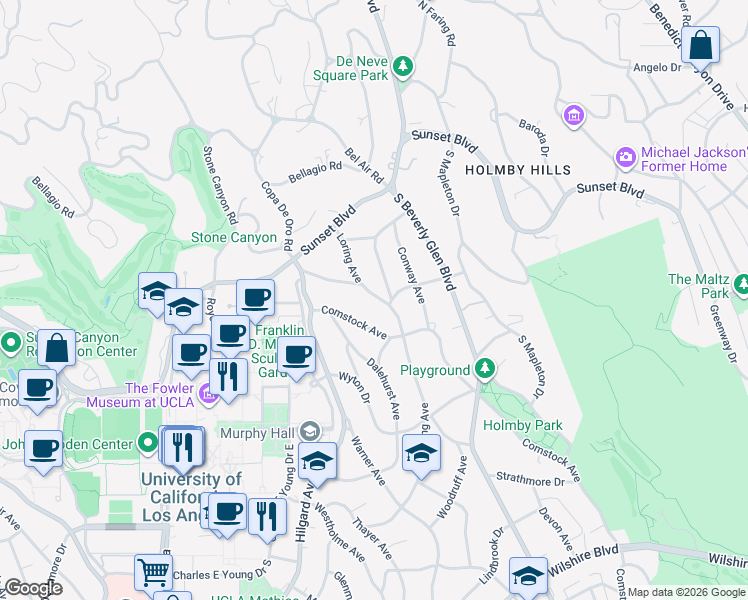 map of restaurants, bars, coffee shops, grocery stores, and more near 291 Woodruff Avenue in Los Angeles