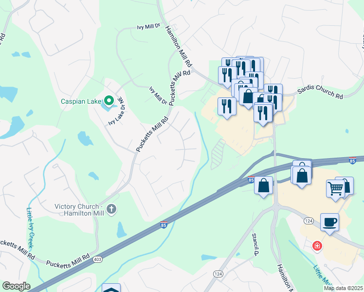 map of restaurants, bars, coffee shops, grocery stores, and more near 2650 Hamilton Chase Run in Buford