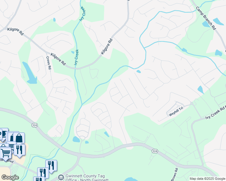 map of restaurants, bars, coffee shops, grocery stores, and more near 3477 Ivy Birch Way in Buford