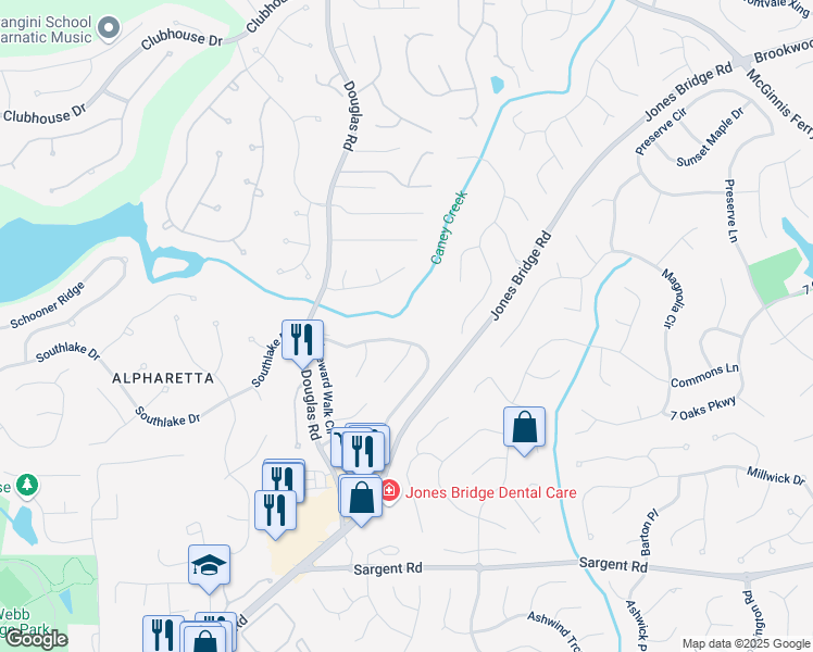 map of restaurants, bars, coffee shops, grocery stores, and more near 12270 Leeward Walk Circle in Alpharetta