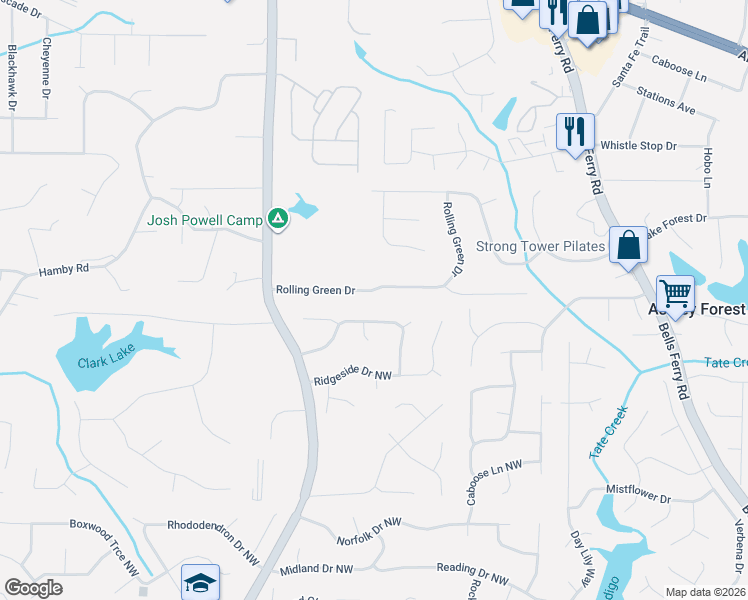 map of restaurants, bars, coffee shops, grocery stores, and more near 1199 Rolling Green Drive in Acworth