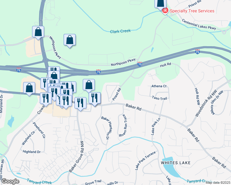 map of restaurants, bars, coffee shops, grocery stores, and more near 4922 Carson Glen Lane Northwest in Acworth