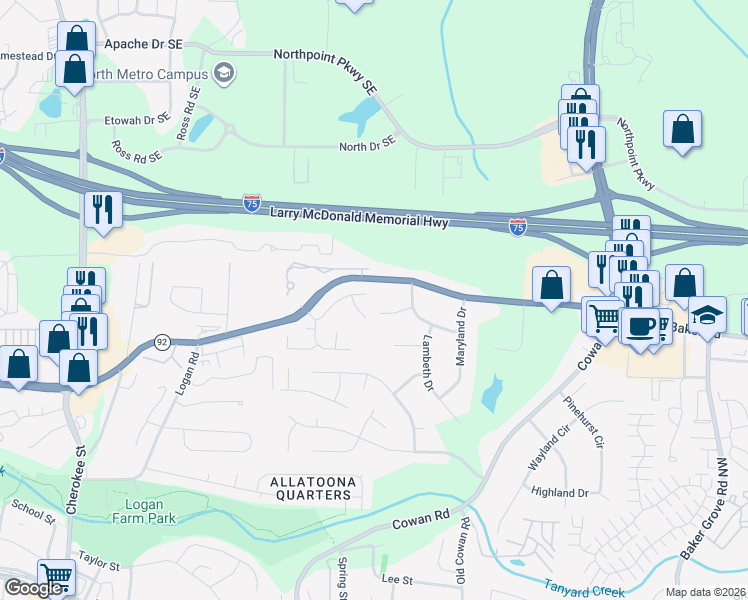 map of restaurants, bars, coffee shops, grocery stores, and more near 3901 Keystone Ridge in Acworth