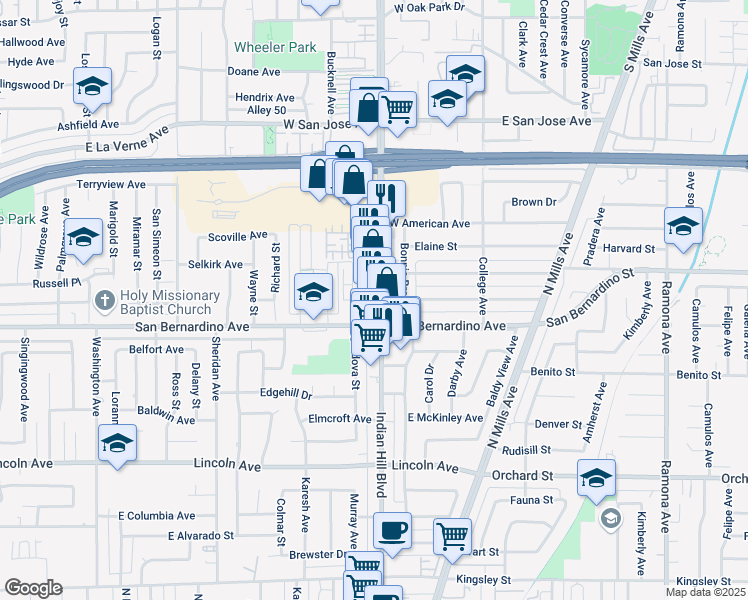 map of restaurants, bars, coffee shops, grocery stores, and more near 1760 Cordova Street in Pomona