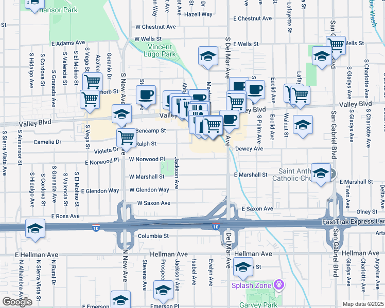 map of restaurants, bars, coffee shops, grocery stores, and more near 201a West Norwood Place in San Gabriel