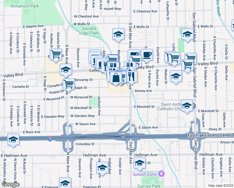 map of restaurants, bars, coffee shops, grocery stores, and more near 133 West Norwood Place in San Gabriel