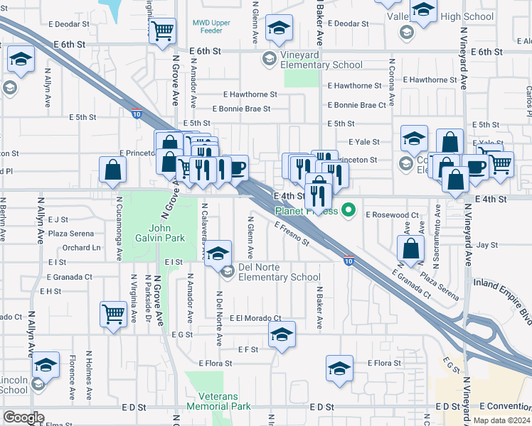map of restaurants, bars, coffee shops, grocery stores, and more near 1325 East Fresno Street in Ontario