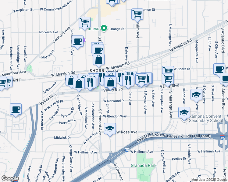map of restaurants, bars, coffee shops, grocery stores, and more near in Alhambra