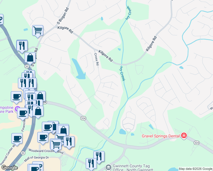 map of restaurants, bars, coffee shops, grocery stores, and more near 2118 Splitrail Trail Northeast in Buford