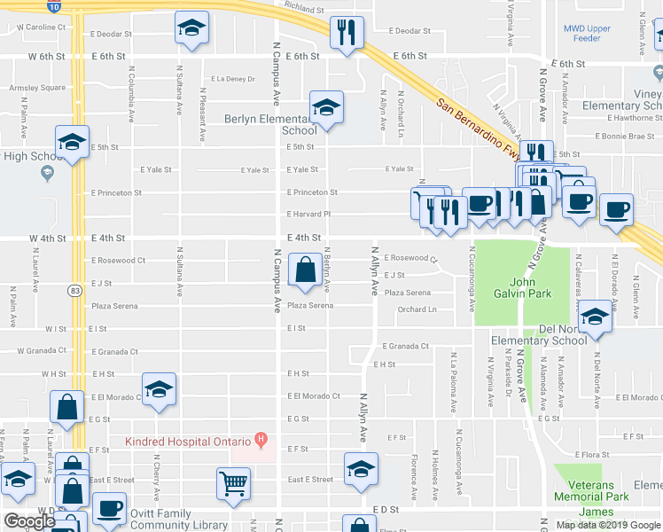 map of restaurants, bars, coffee shops, grocery stores, and more near 804 East Rosewood Court in Ontario
