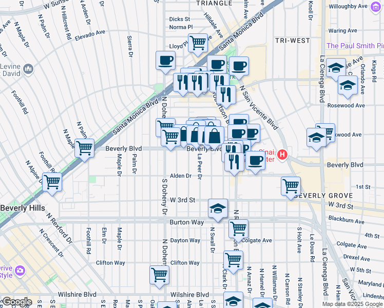map of restaurants, bars, coffee shops, grocery stores, and more near 8950 Beverly Boulevard in West Hollywood