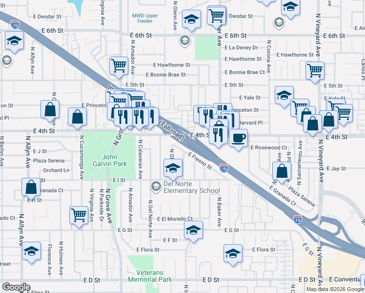 map of restaurants, bars, coffee shops, grocery stores, and more near 1345 East Fresno Street in Ontario