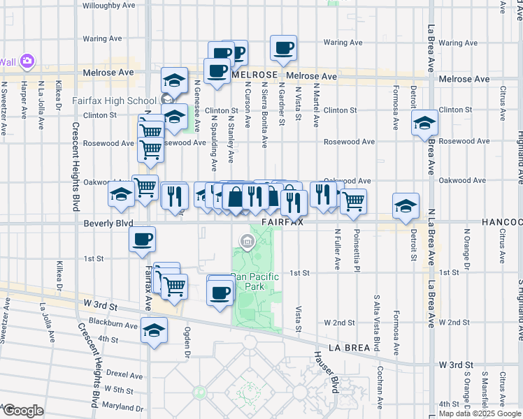 map of restaurants, bars, coffee shops, grocery stores, and more near 327 North Sierra Bonita Avenue in Los Angeles