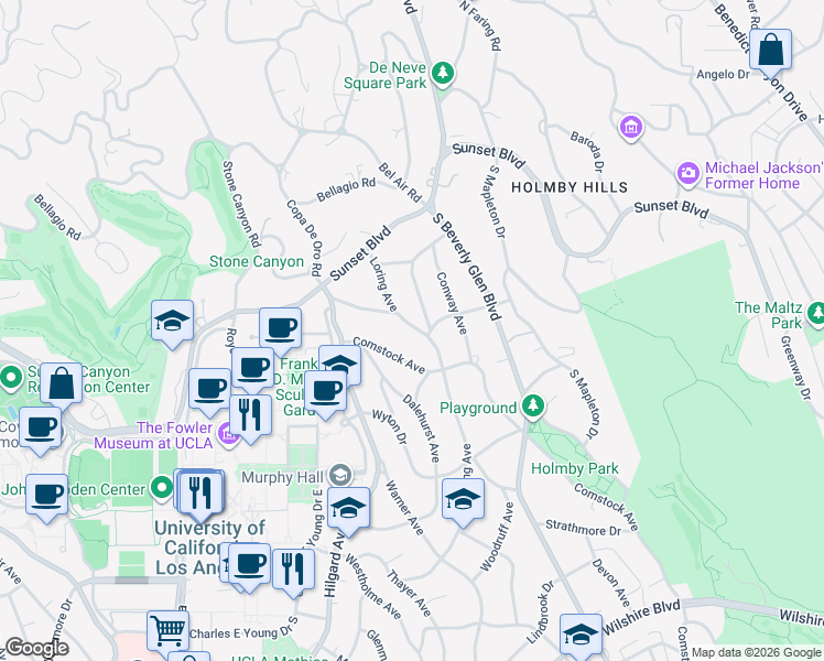map of restaurants, bars, coffee shops, grocery stores, and more near 291 Woodruff Avenue in Los Angeles