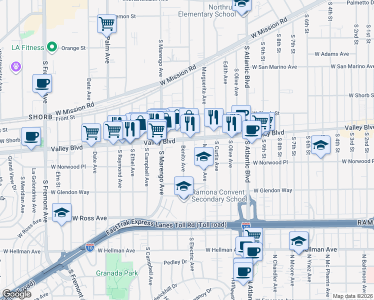 map of restaurants, bars, coffee shops, grocery stores, and more near 1416 Benito Avenue in Alhambra