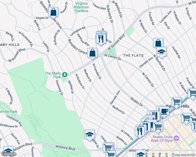 map of restaurants, bars, coffee shops, grocery stores, and more near 729 North Camden Drive in Beverly Hills