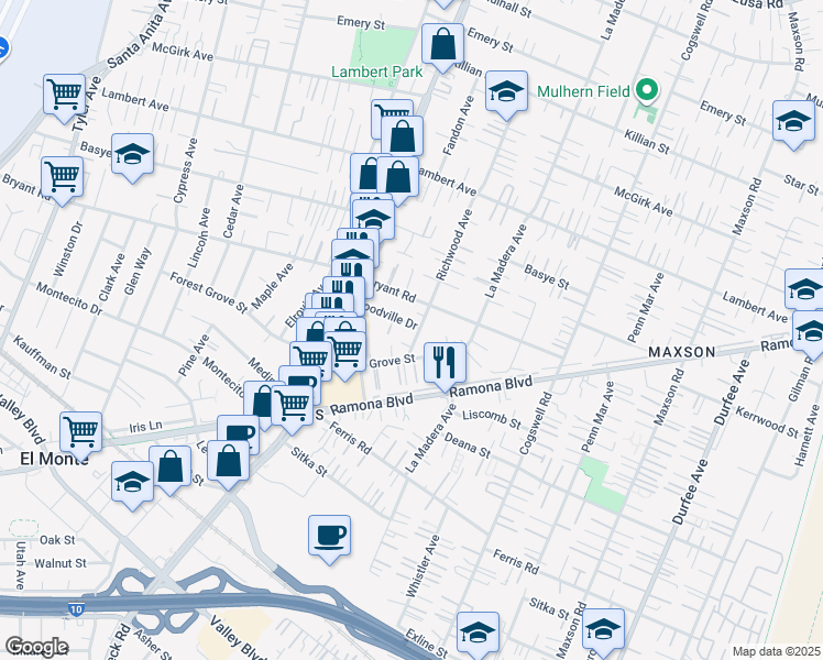 map of restaurants, bars, coffee shops, grocery stores, and more near 4033 Richwood Avenue in El Monte