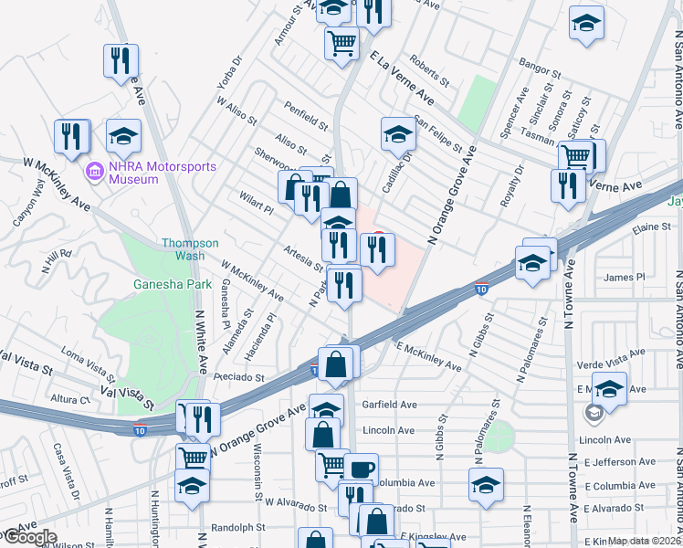 map of restaurants, bars, coffee shops, grocery stores, and more near 1725 North Garey Avenue in Pomona