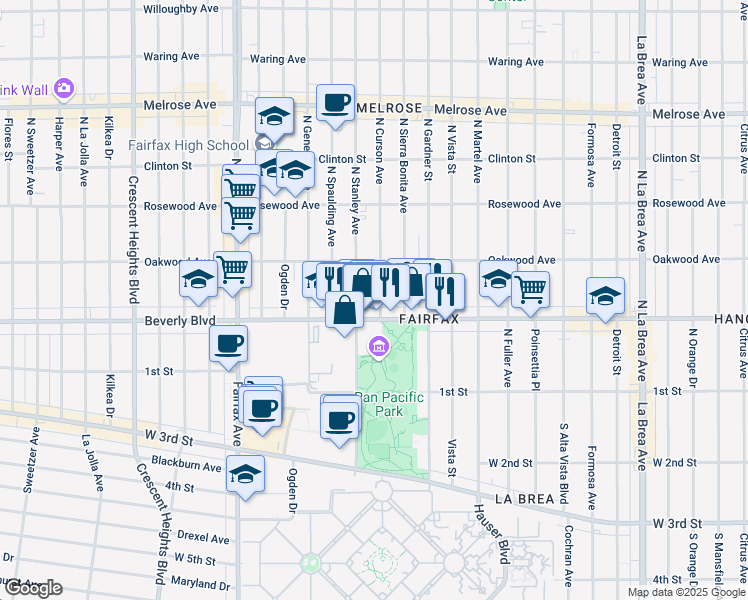 map of restaurants, bars, coffee shops, grocery stores, and more near 323 North Curson Avenue in Los Angeles