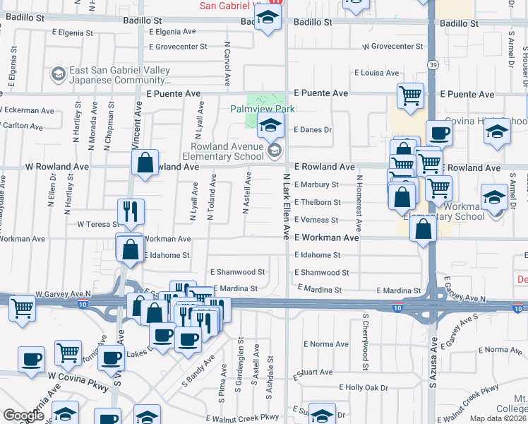 map of restaurants, bars, coffee shops, grocery stores, and more near 1344 East Loma Vista Street in West Covina