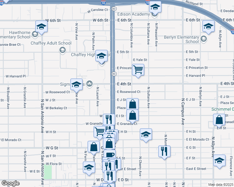 map of restaurants, bars, coffee shops, grocery stores, and more near 1022 North Euclid Avenue in Ontario