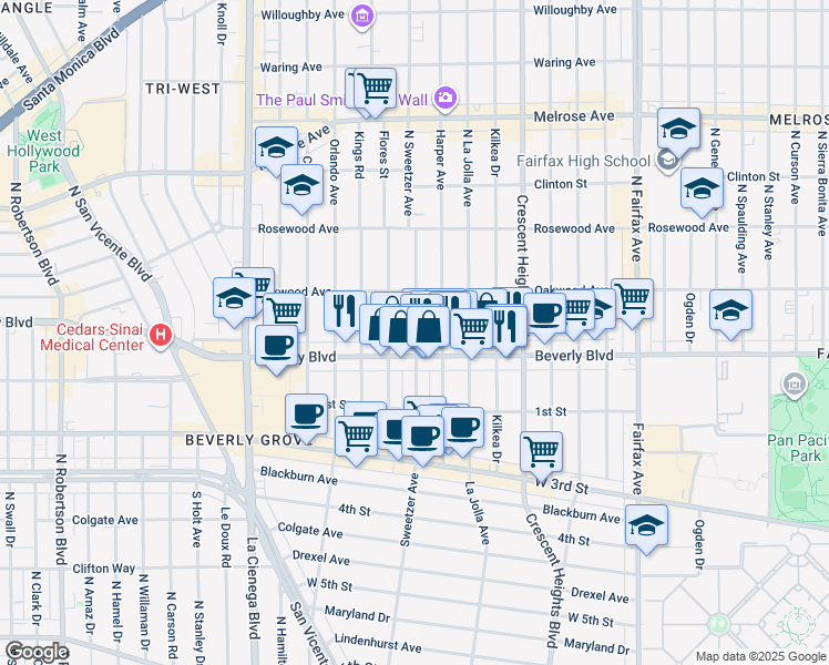 map of restaurants, bars, coffee shops, grocery stores, and more near 331 North Harper Avenue in Los Angeles