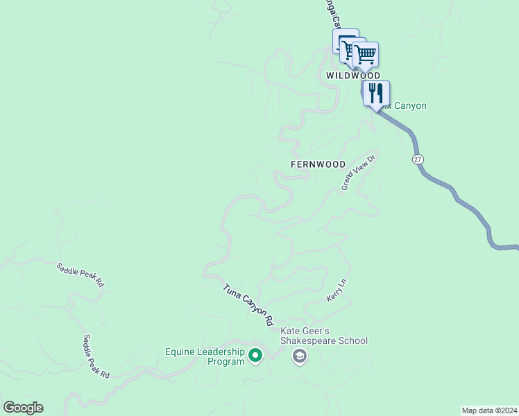 map of restaurants, bars, coffee shops, grocery stores, and more near 1507 Bainum Drive in Topanga