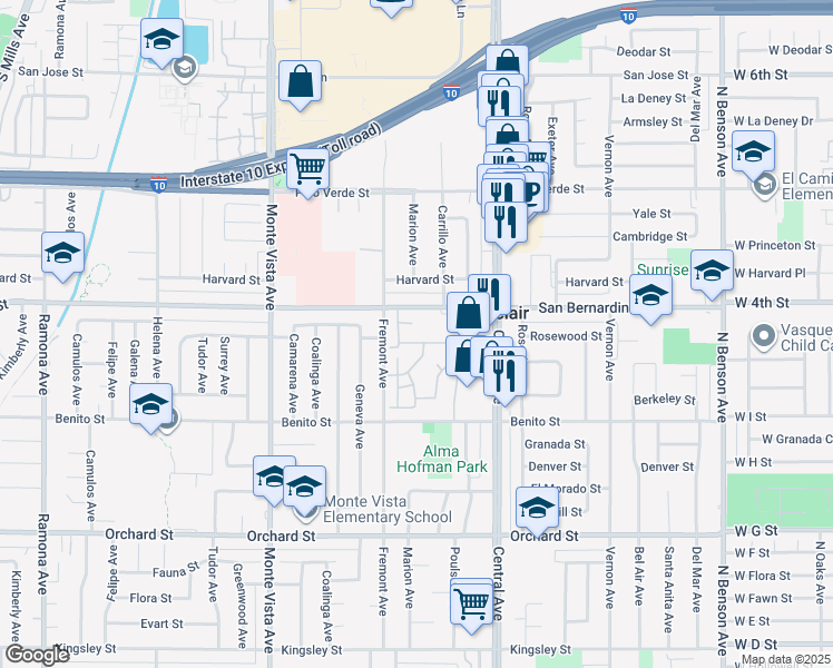 map of restaurants, bars, coffee shops, grocery stores, and more near 5132 Aspen Drive in Montclair