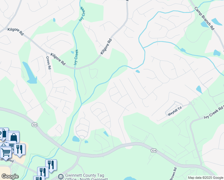 map of restaurants, bars, coffee shops, grocery stores, and more near 3477 Ivy Birch Way in Buford