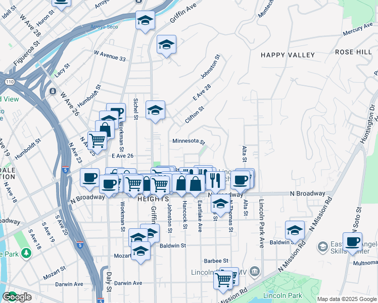 map of restaurants, bars, coffee shops, grocery stores, and more near 2550 Hancock Street in Los Angeles