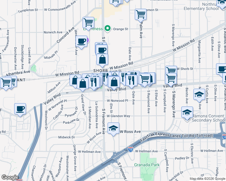 map of restaurants, bars, coffee shops, grocery stores, and more near 2428e West Valley Boulevard in Alhambra