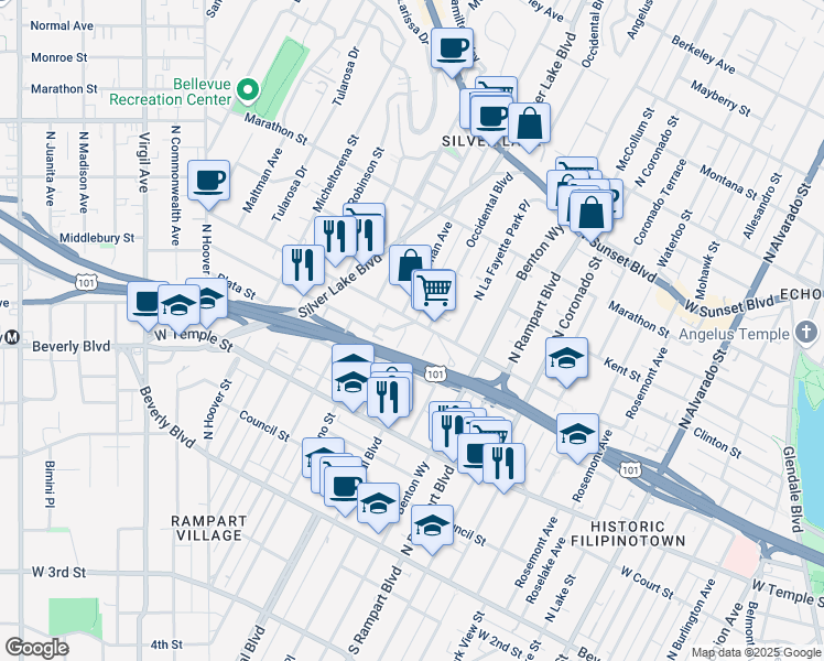 map of restaurants, bars, coffee shops, grocery stores, and more near 446 Parkman Avenue in Los Angeles
