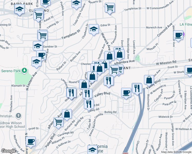 map of restaurants, bars, coffee shops, grocery stores, and more near 5391 Alhambra Avenue in Los Angeles
