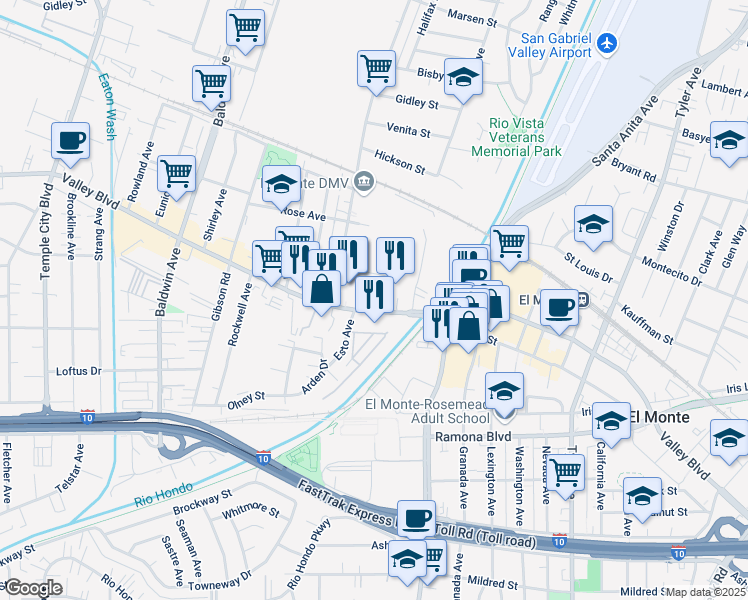 map of restaurants, bars, coffee shops, grocery stores, and more near 10505 Valley Boulevard in El Monte