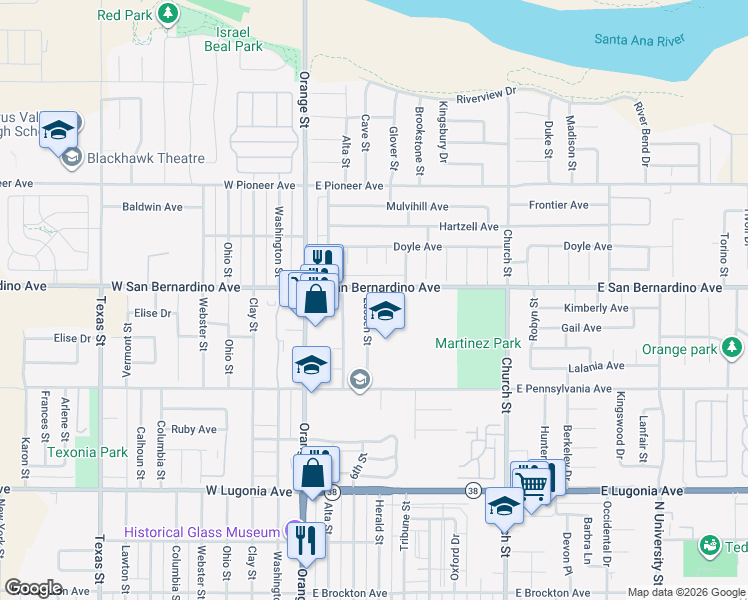 map of restaurants, bars, coffee shops, grocery stores, and more near 1572 Lassen Street in Redlands