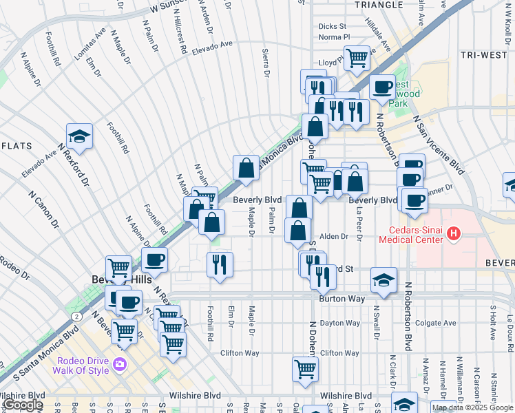 map of restaurants, bars, coffee shops, grocery stores, and more near 9222 Beverly Boulevard in Beverly Hills