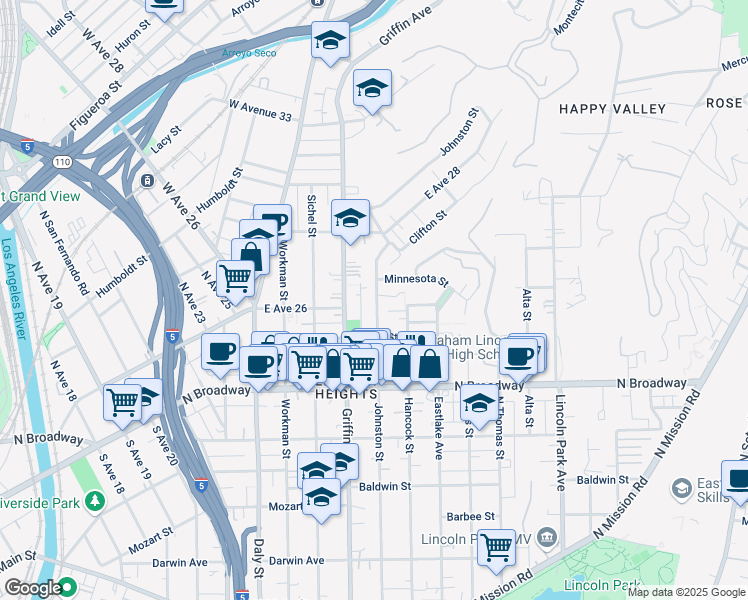 map of restaurants, bars, coffee shops, grocery stores, and more near 2549 Johnston Street in Los Angeles