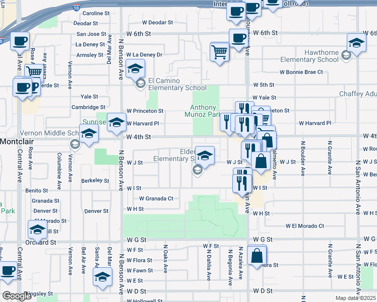 map of restaurants, bars, coffee shops, grocery stores, and more near 1027 N Elderberry Ave in Ontario