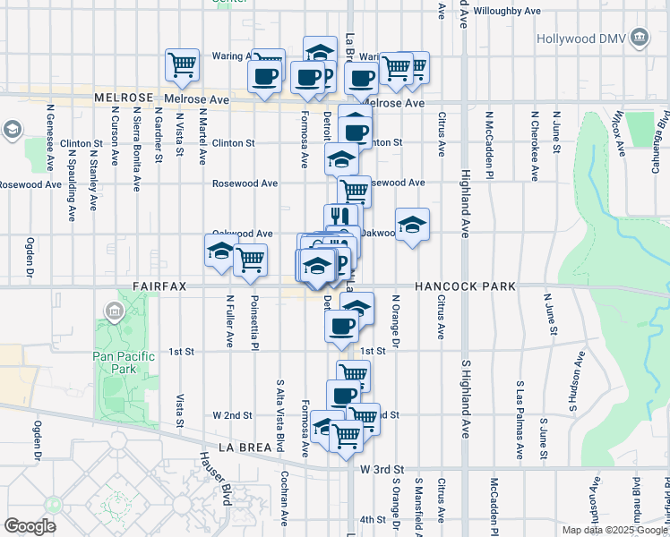 map of restaurants, bars, coffee shops, grocery stores, and more near 318 North Detroit Street in Los Angeles