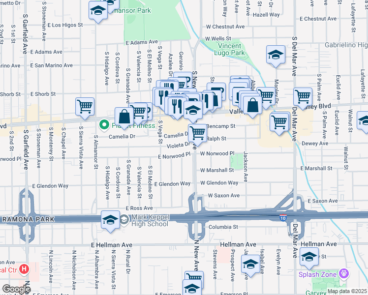 map of restaurants, bars, coffee shops, grocery stores, and more near 1404 Violeta Drive in Alhambra