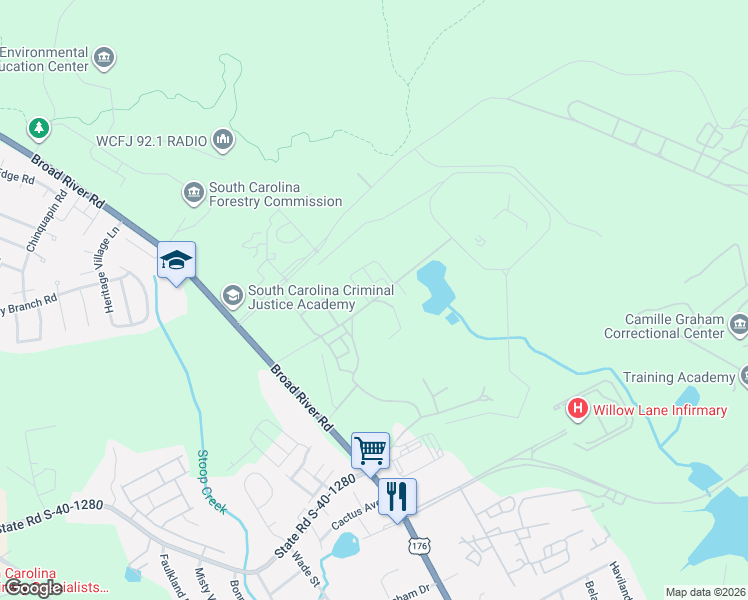map of restaurants, bars, coffee shops, grocery stores, and more near Youth Services Drive in Columbia