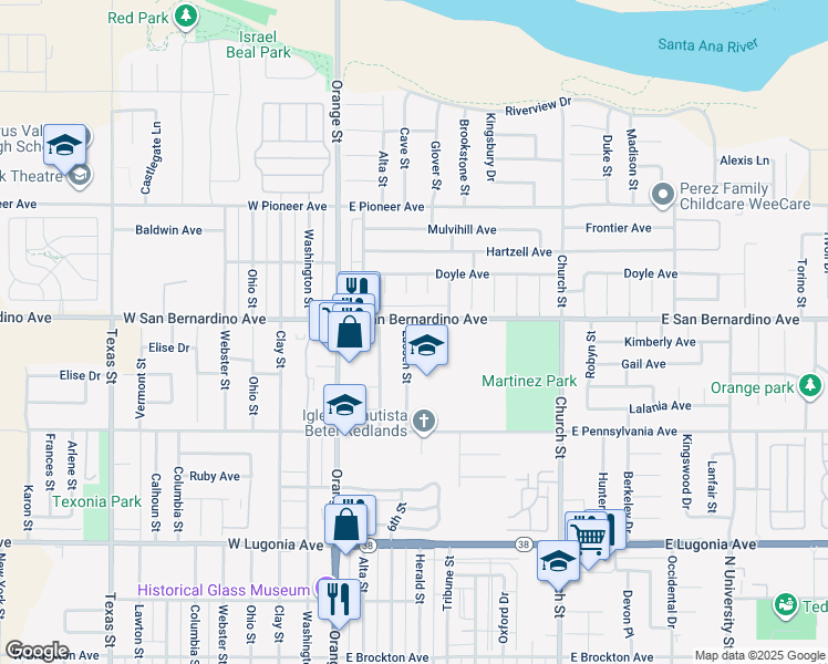 map of restaurants, bars, coffee shops, grocery stores, and more near 1572 Lassen Street in Redlands