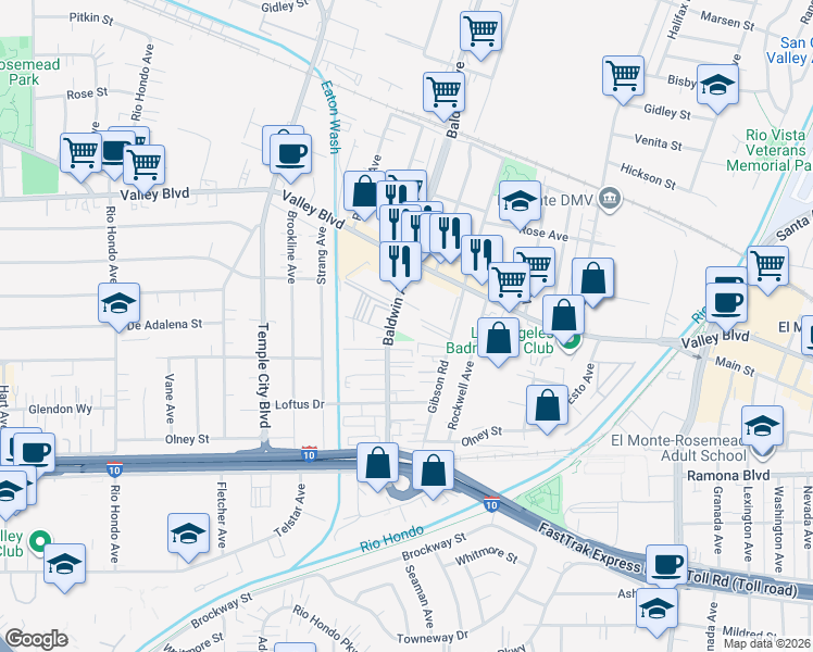 map of restaurants, bars, coffee shops, grocery stores, and more near 3814 Baldwin Avenue in El Monte