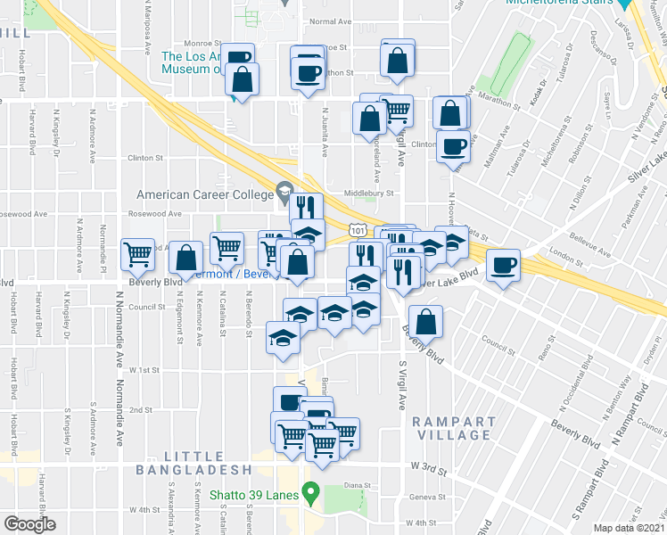 map of restaurants, bars, coffee shops, grocery stores, and more near 316 North Juanita Avenue in Los Angeles