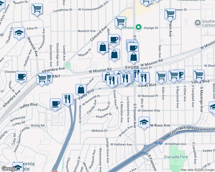 map of restaurants, bars, coffee shops, grocery stores, and more near 2889 West Valley Boulevard in Alhambra
